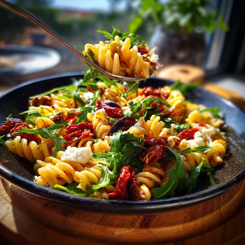 Mediterraner Nudelsalat Mit Rucola Blättern