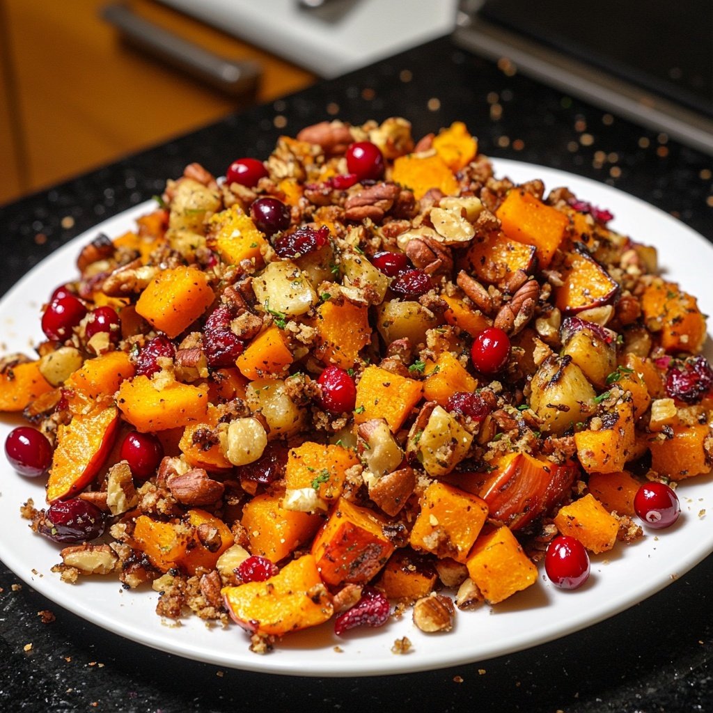 Wintersalat mit Butternutkürbis Rosenkohl Cranberries Pekannüssen und Roter Bete